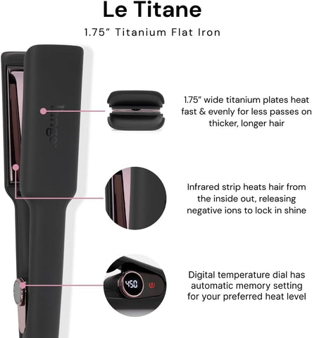 L'ANGE HAIR Le Titane Titanium Flat Iron | Hair Straightener with Curved Edges for Versatile Styling | Dual Voltage Flat Iron with Infrared Heat & Adjustable Temperature | 1.75" Black