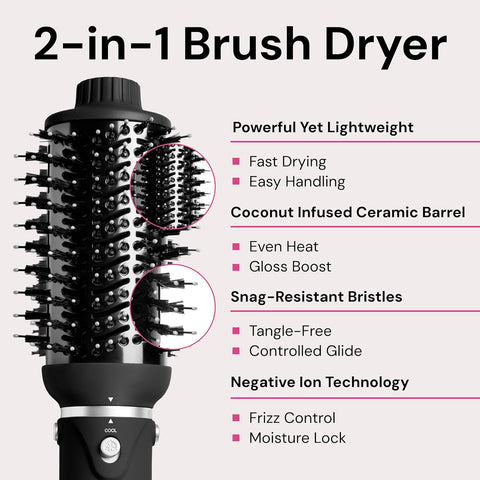 L'ANGE HAIR VolumeBoost 60mm 2-in-1 Ceramic Volumizing Brush Dryer | Fast Drying & Styling for Frizz-Free, Voluminous Blowouts | Ceramic-Coated Barrel (Black)