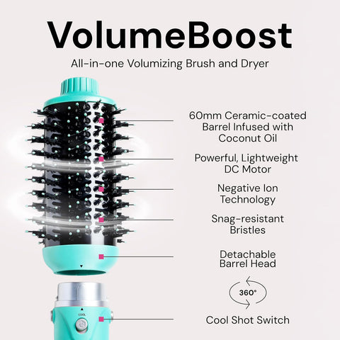 L'ANGE HAIR VolumeBoost 60mm 2-in-1 Ceramic Volumizing Brush Dryer | Fast Drying & Styling for Frizz-Free, Voluminous Blowouts | Ceramic-Coated Barrel (Blue)