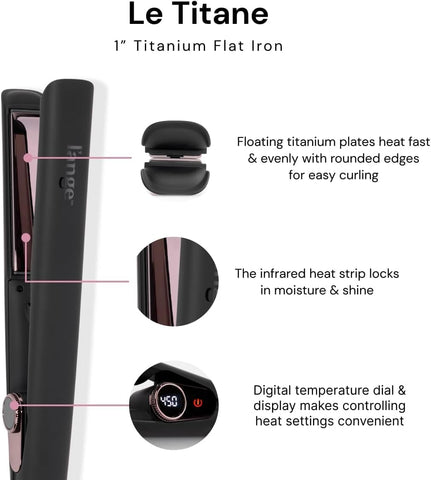 L'ANGE HAIR Le Titane Titanium Flat Iron | Hair Straightener with Curved Edges for Versatile Styling | Dual Voltage Flat Iron with Infrared Heat & Adjustable Temperature | 1" Black